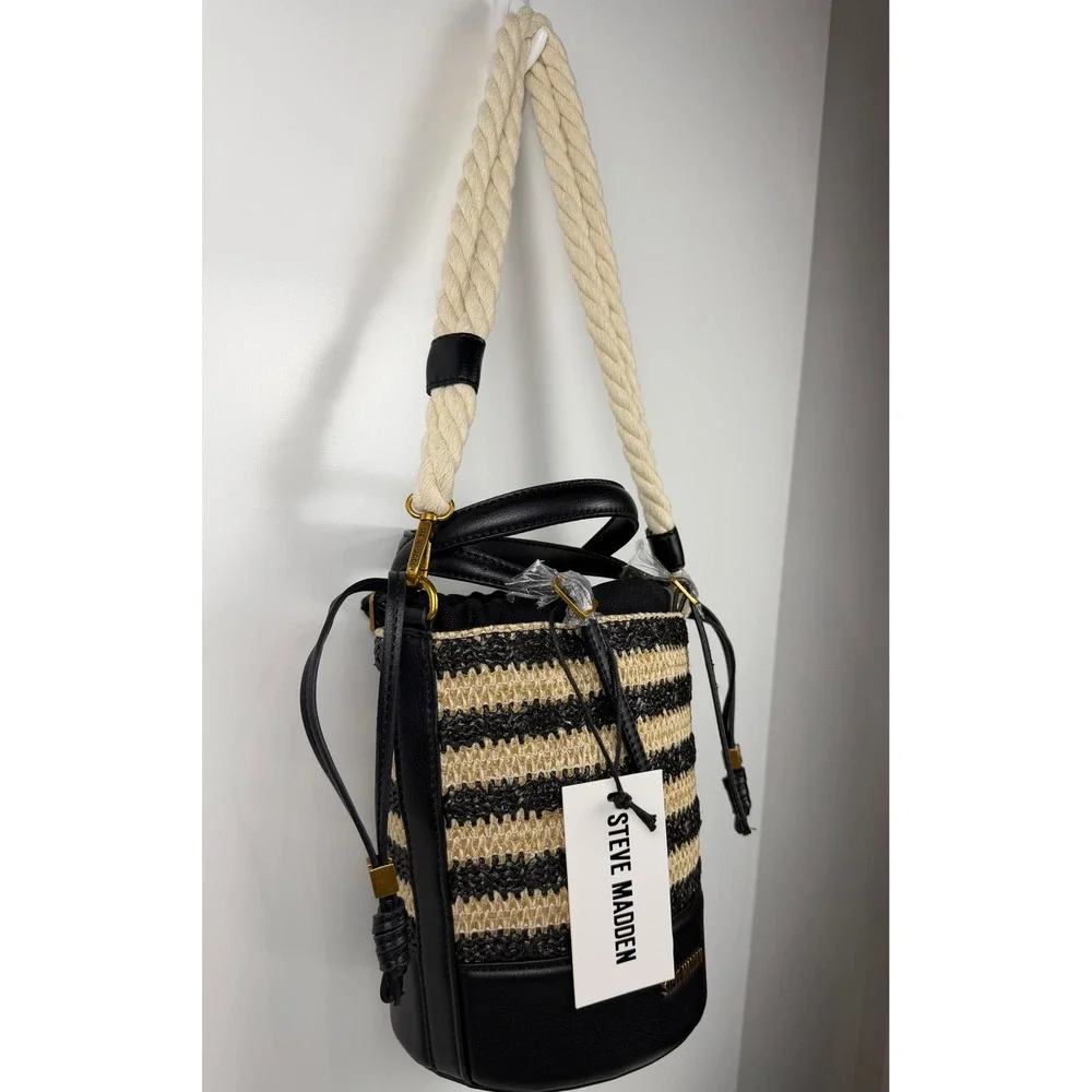 Steve Madden B-Rope Woven Straw Bucket Bag Striped Black Tan Nautical Rope Strap